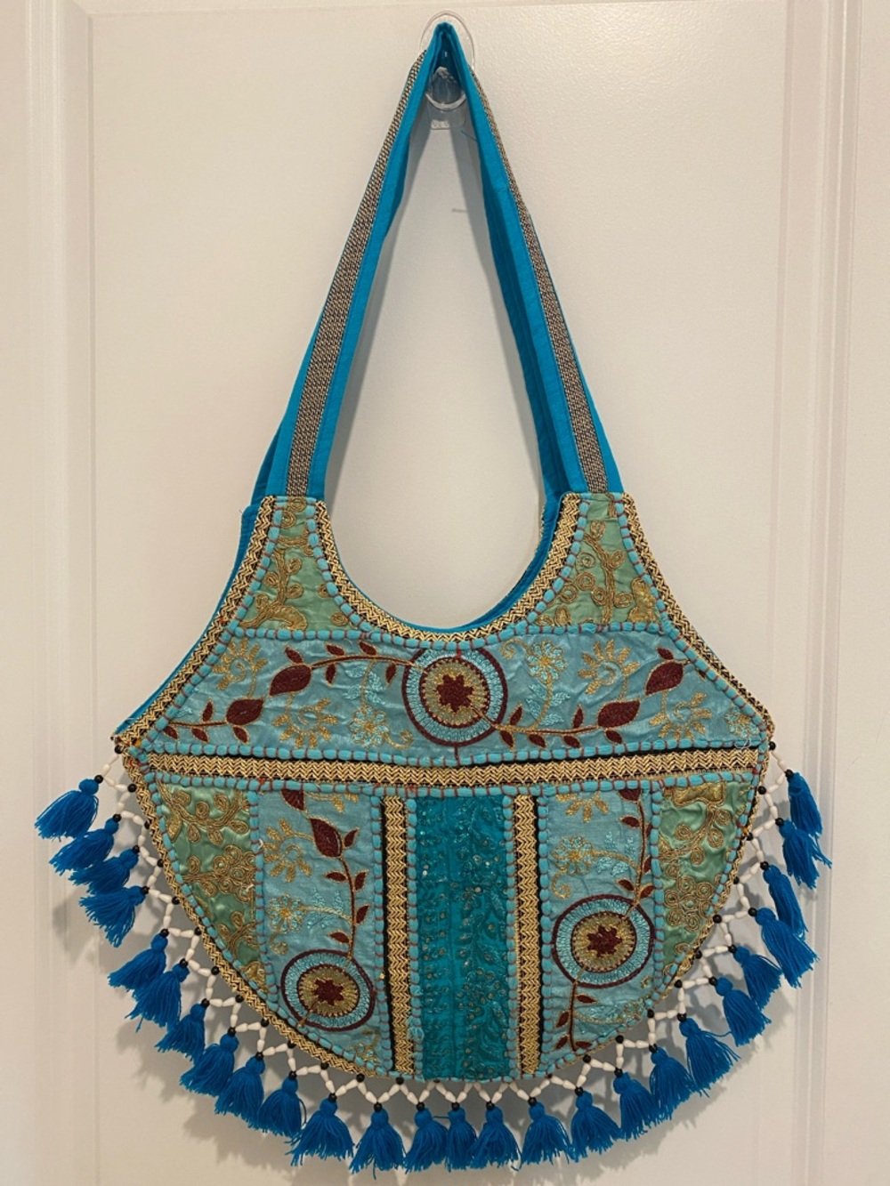 Embroidered Teal Tassel Shoulder Bag - Women